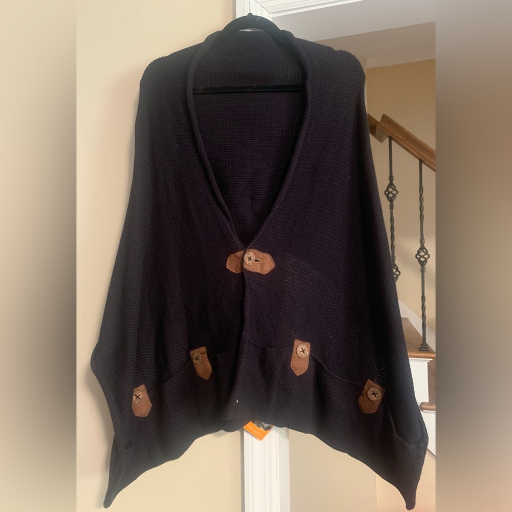 Hand Knit RICO Womens Black Wrap Scarf Sweater With Pockets NEW OS